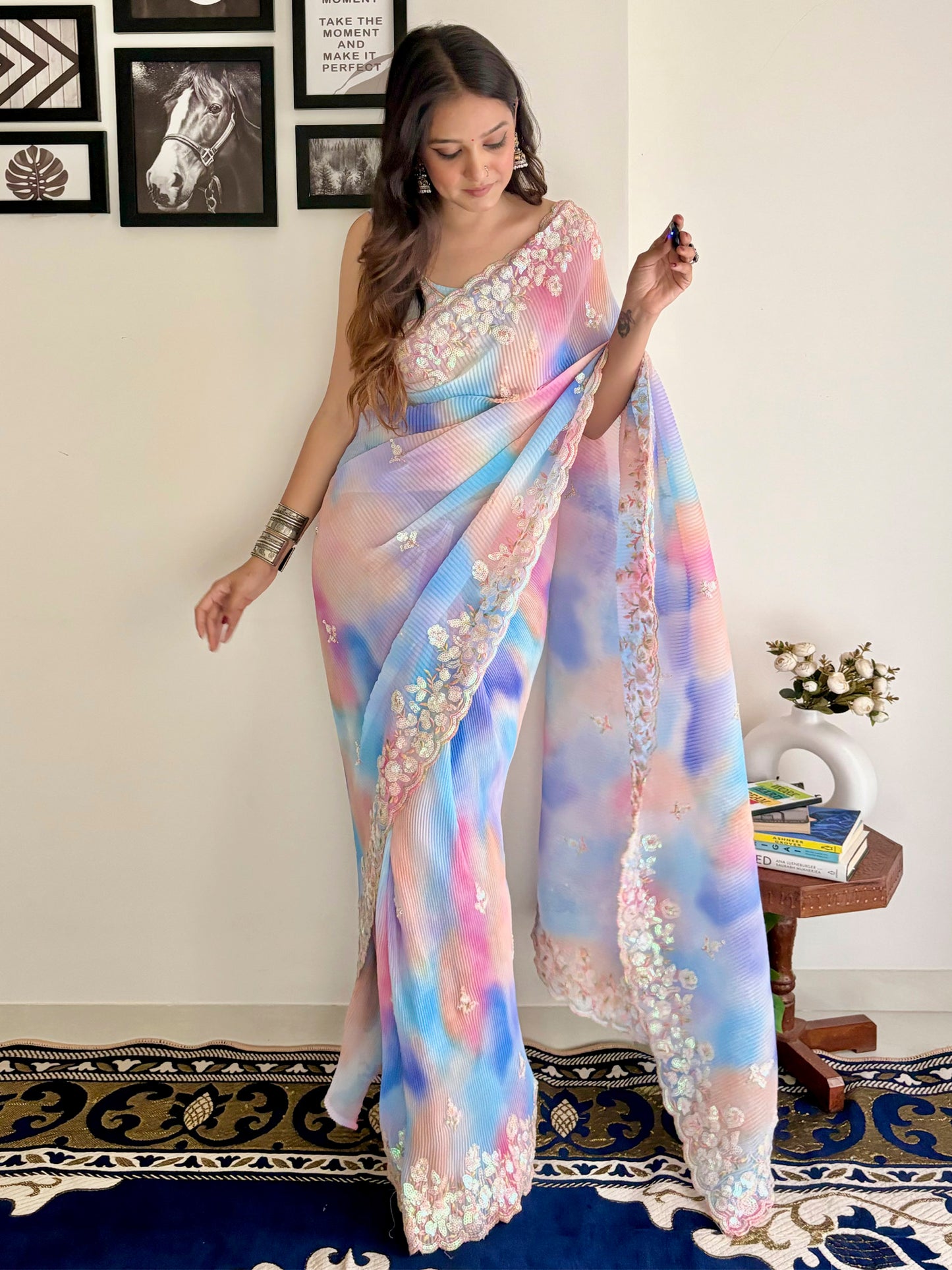 Women's Georgette Multicolored Embellished Designer Saree With Blouse Piece