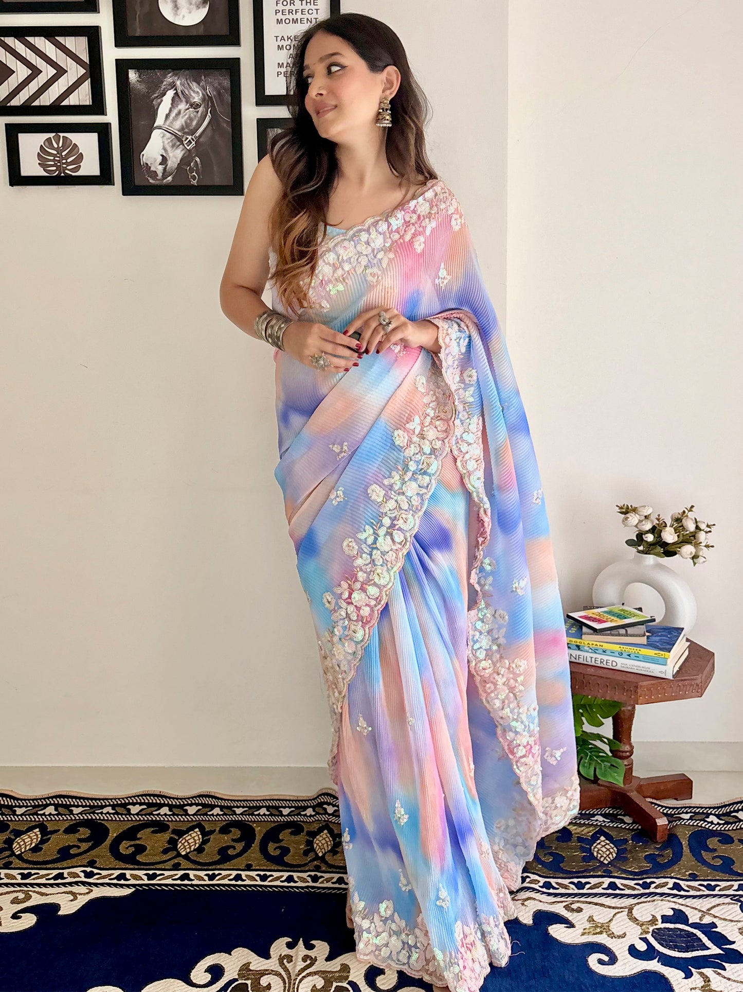 Women's Georgette Multicolored Embellished Designer Saree With Blouse Piece