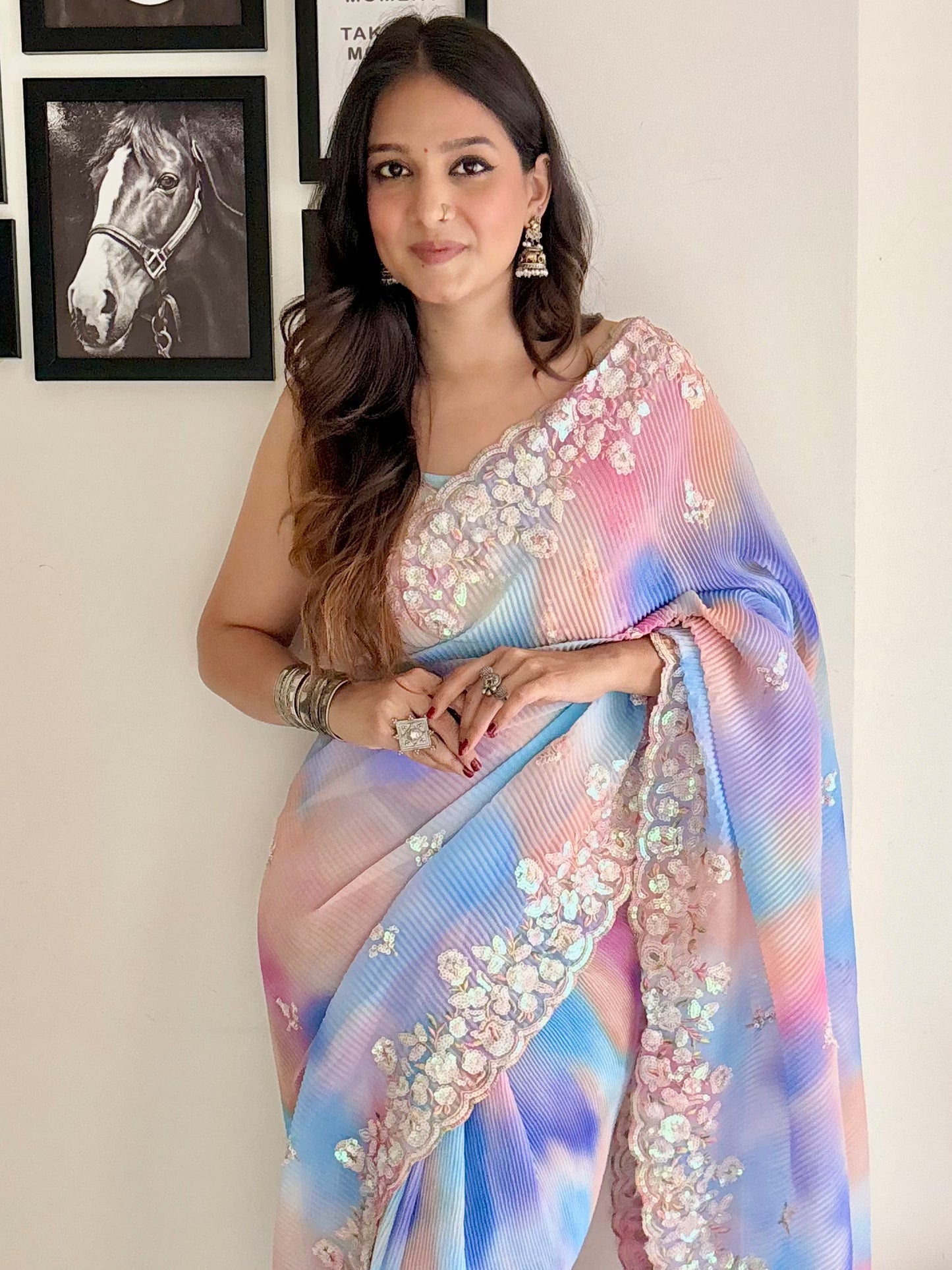 Women's Georgette Multicolored Embellished Designer Saree With Blouse Piece