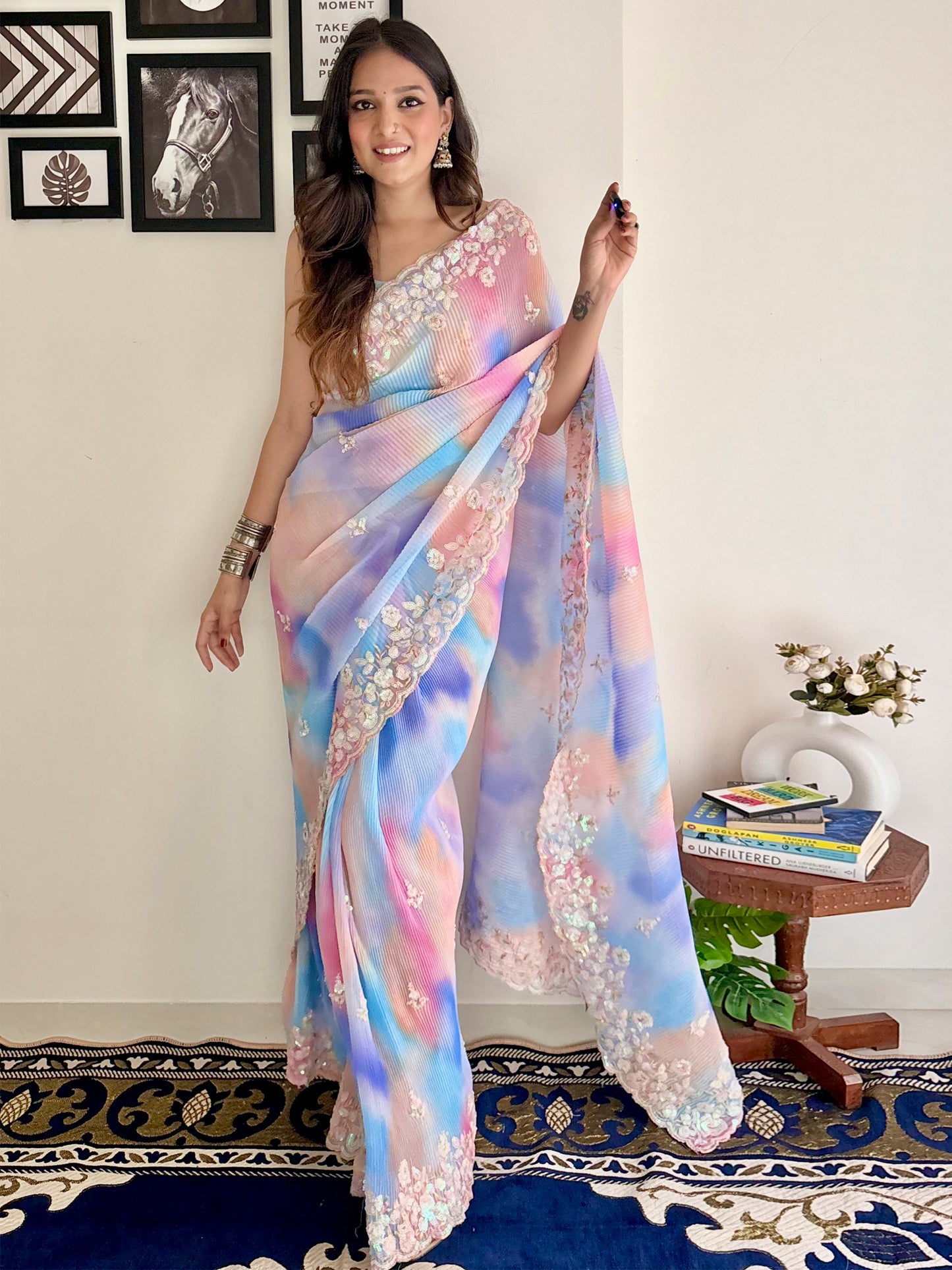 Women's Georgette Multicolored Embellished Designer Saree With Blouse Piece