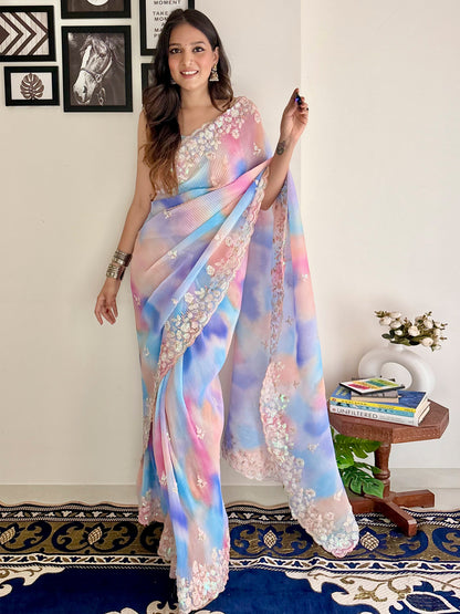 Women's Georgette Multicolored Embellished Designer Saree With Blouse Piece