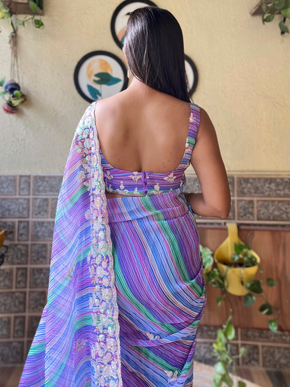 Women's Georgette Lavendar Embellished Designer Saree With Blouse Piece