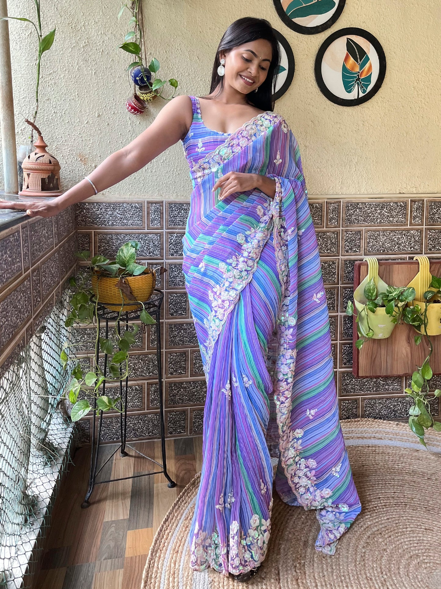 Women's Georgette Lavendar Embellished Designer Saree With Blouse Piece