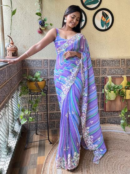 Women's Georgette Lavendar Embellished Designer Saree With Blouse Piece