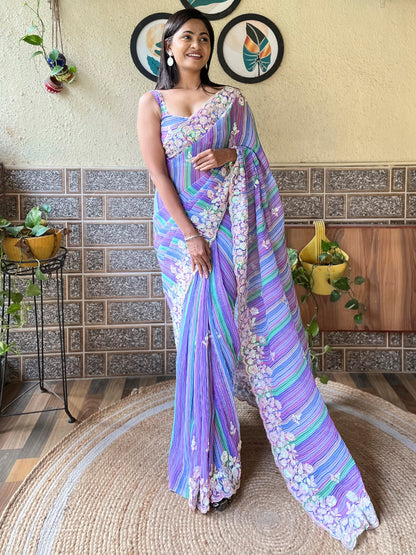 Women's Georgette Lavendar Embellished Designer Saree With Blouse Piece