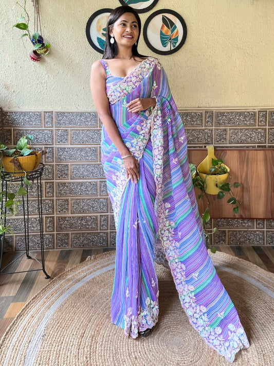Women's Georgette Lavendar Embellished Designer Saree With Blouse Piece