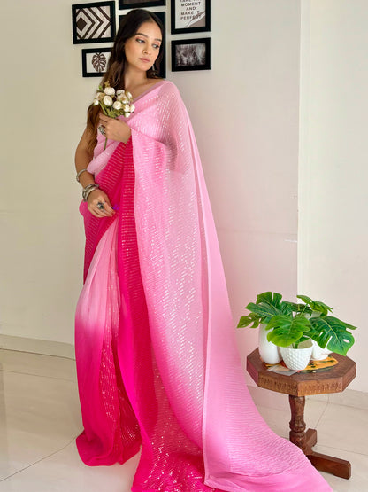 Women's Georgette Pink Embellished Designer Saree With Blouse Piece