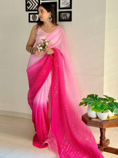 Women's Georgette Pink Embellished Designer Saree With Blouse Piece