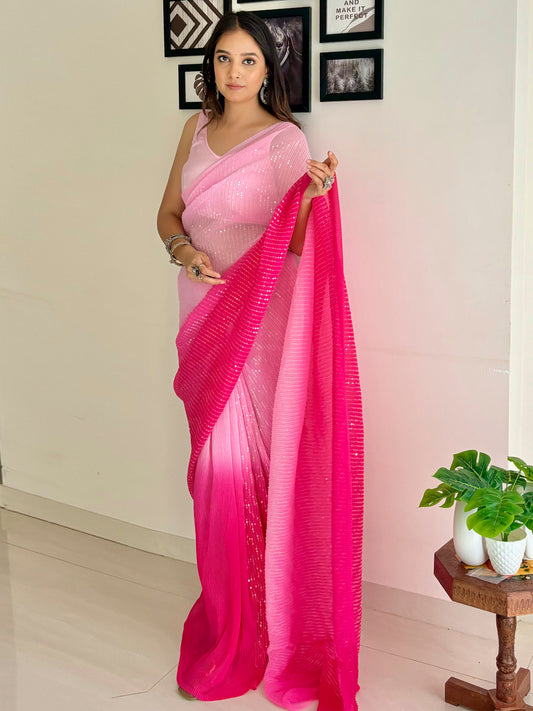 Women's Georgette Pink Embellished Designer Saree With Blouse Piece