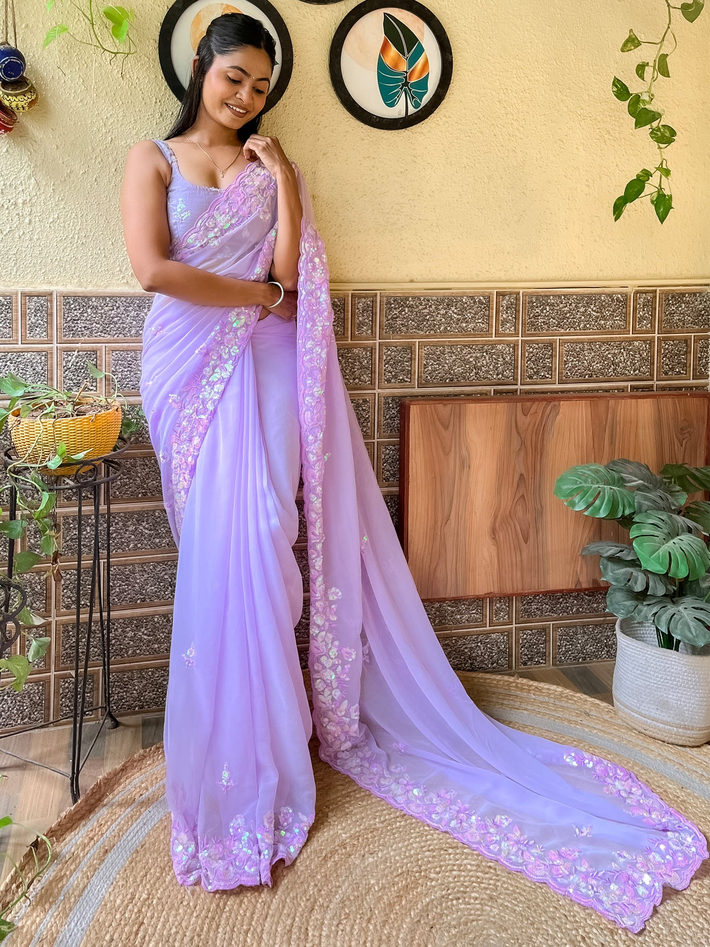 Women's Georgette Lavendar Embellished Designer Saree With Blouse Piece