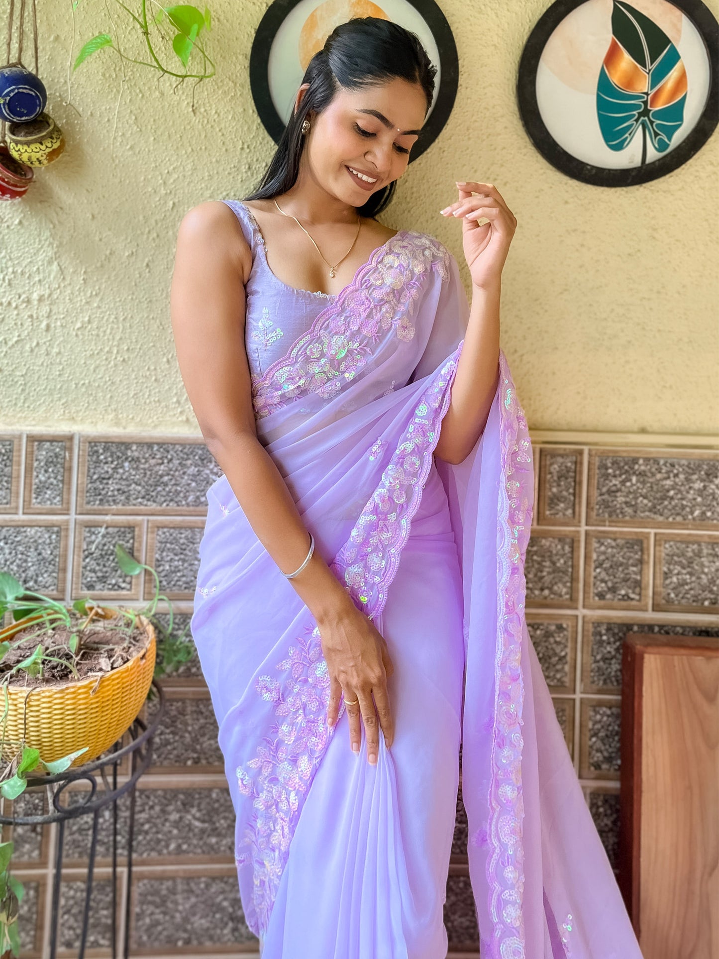 Women's Georgette Lavendar Embellished Designer Saree With Blouse Piece