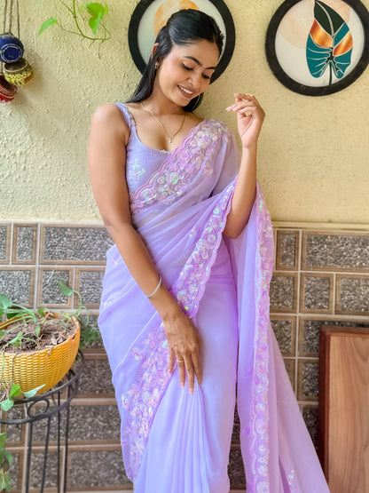 Women's Georgette Lavendar Embellished Designer Saree With Blouse Piece