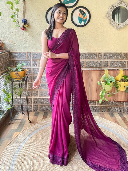 Women's Georgette Magenta Embroidered Designer Saree With Blouse Piece