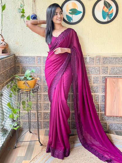 Women's Georgette Magenta Embroidered Designer Saree With Blouse Piece