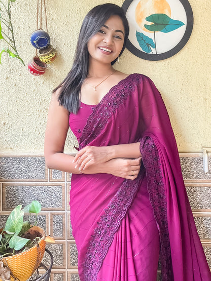Women's Georgette Magenta Embroidered Designer Saree With Blouse Piece