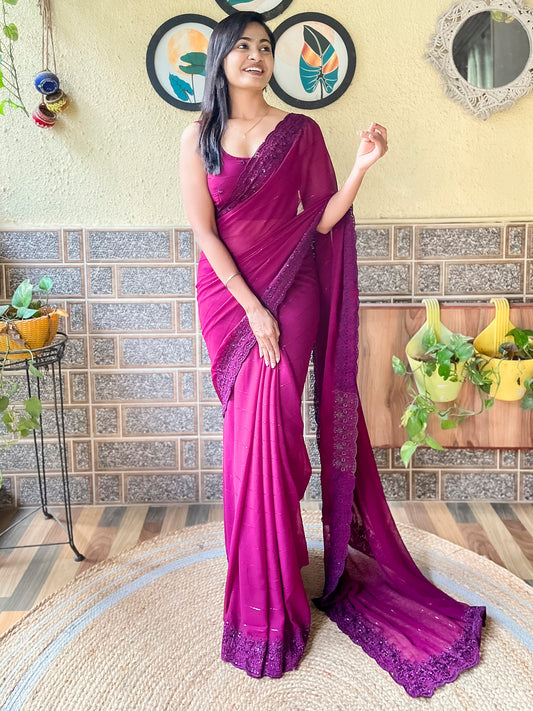 Women's Georgette Magenta Embroidered Designer Saree With Blouse Piece