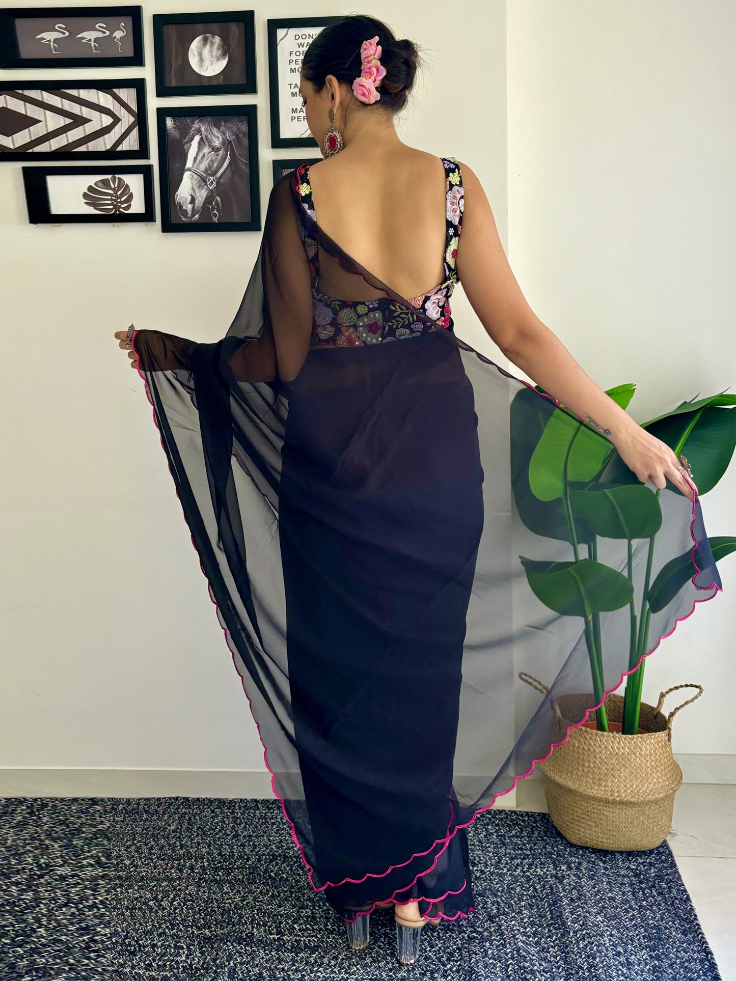 Women's Georgette Black Embellished Designer Saree With Blouse Piece