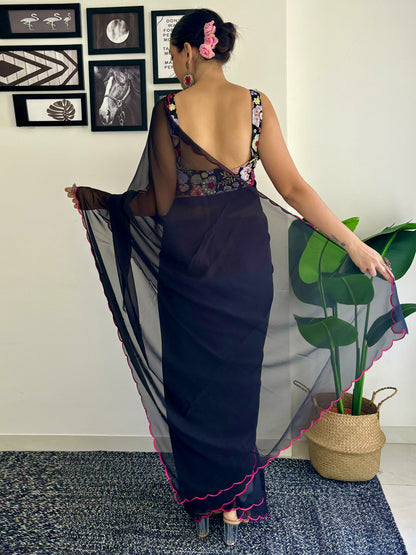 Women's Georgette Black Embellished Designer Saree With Blouse Piece