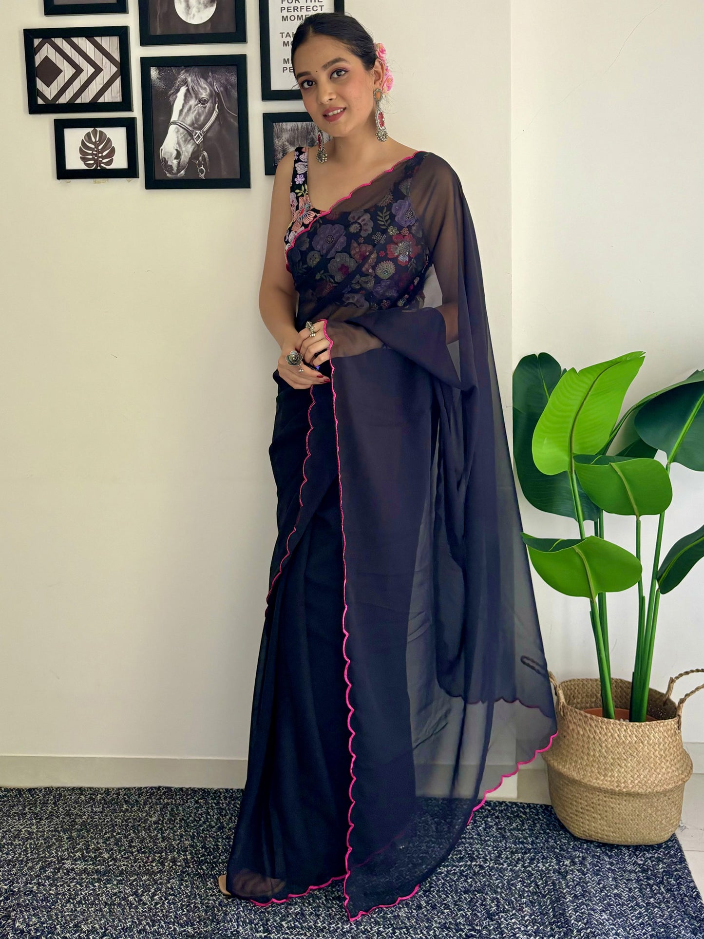 Women's Georgette Black Embellished Designer Saree With Blouse Piece