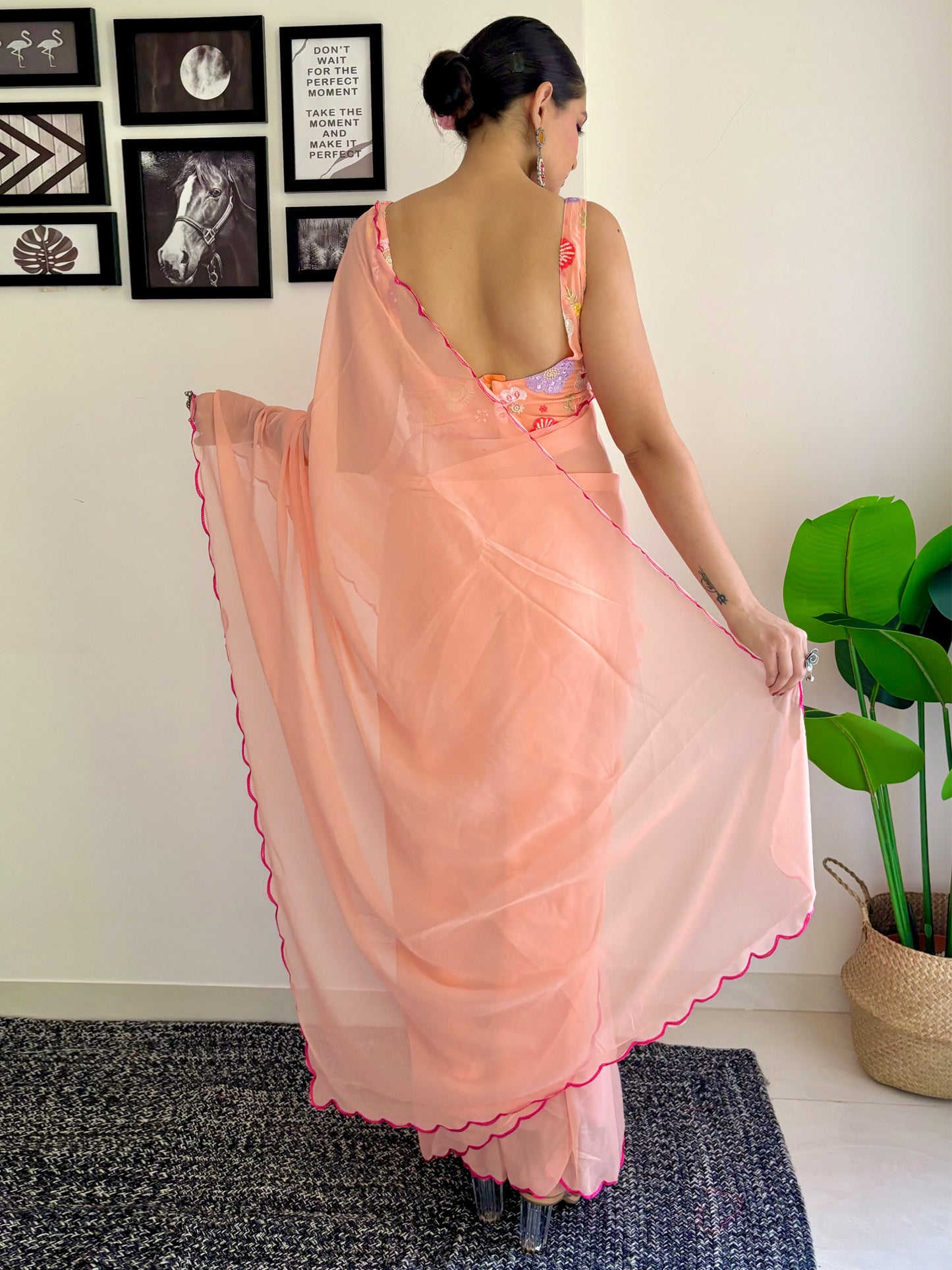 Women's Georgette Peach Embellished Designer Saree With Blouse Piece