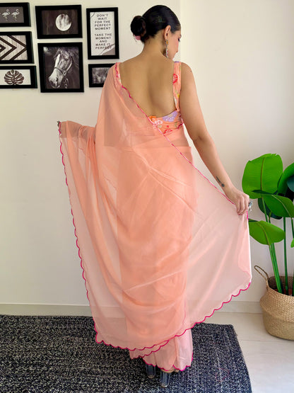 Women's Georgette Peach Embellished Designer Saree With Blouse Piece