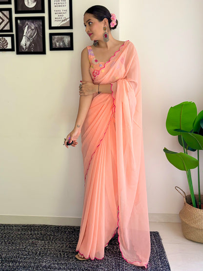 Women's Georgette Peach Embellished Designer Saree With Blouse Piece