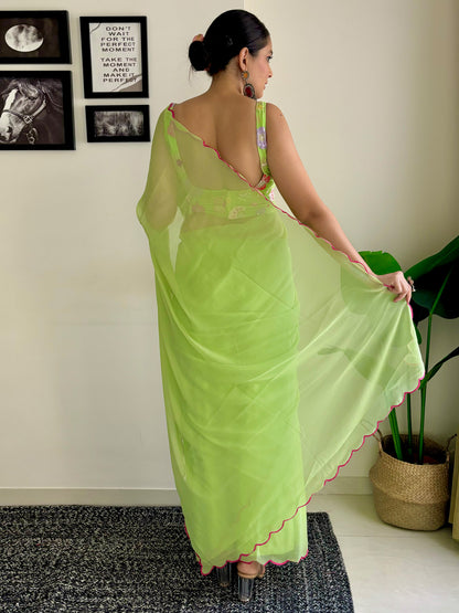 Women's Georgette Light Green Embellished Designer Saree With Blouse Piece
