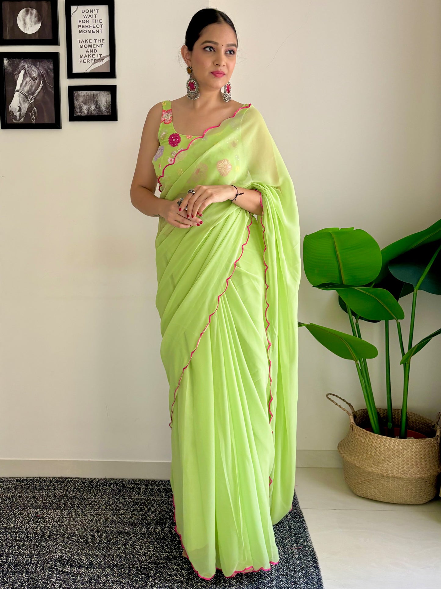 Women's Georgette Light Green Embellished Designer Saree With Blouse Piece