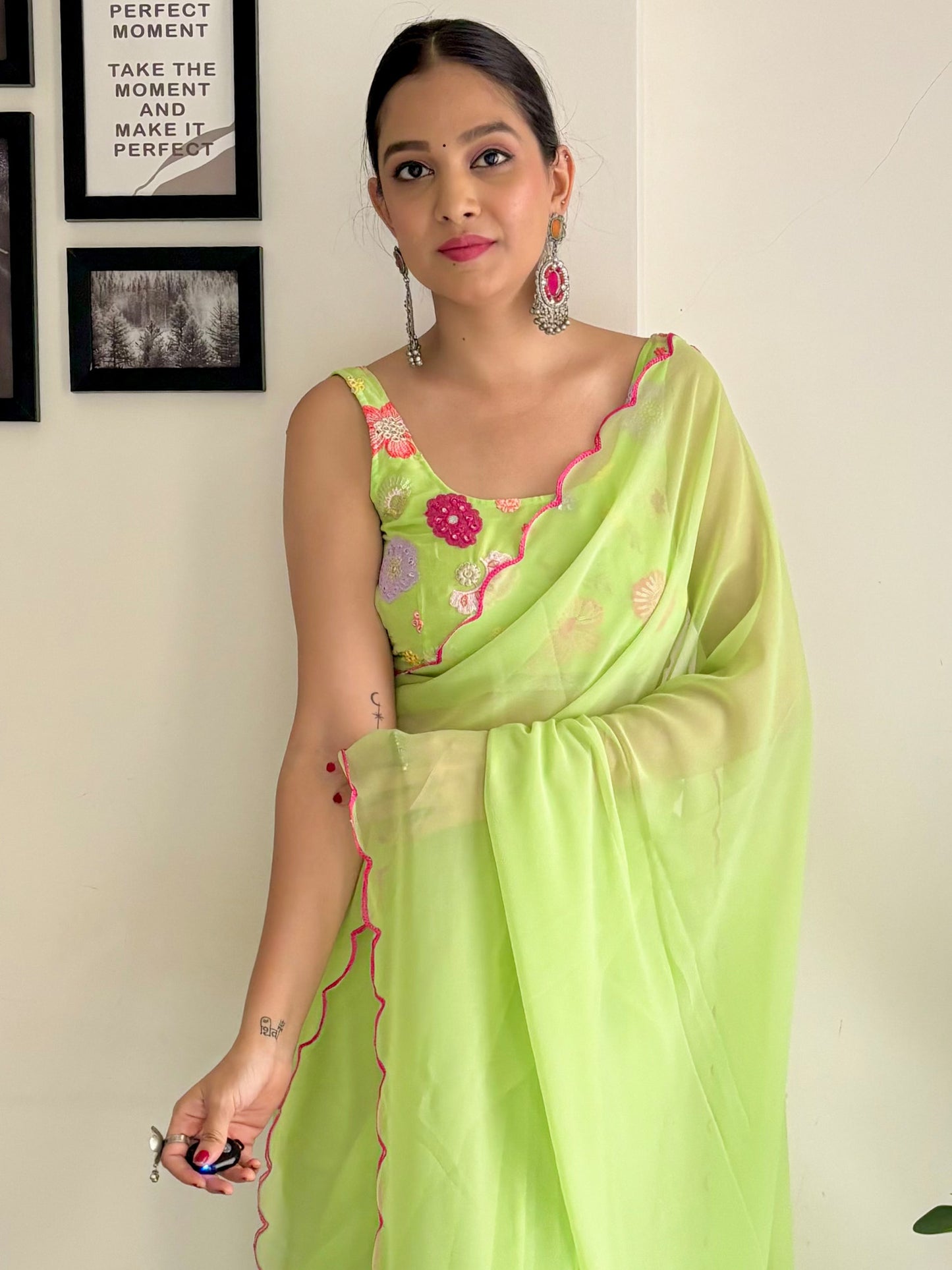 Women's Georgette Light Green Embellished Designer Saree With Blouse Piece