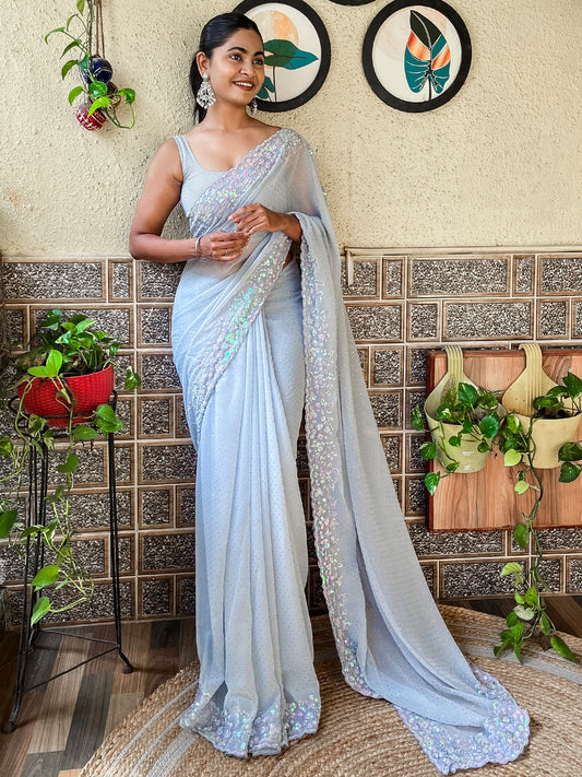 Women's Georgette Grey Embellished Designer Saree With Blouse Piece