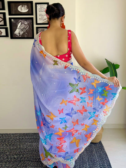 Women's Georgette Pink Embellished Designer Saree With Blouse Piece