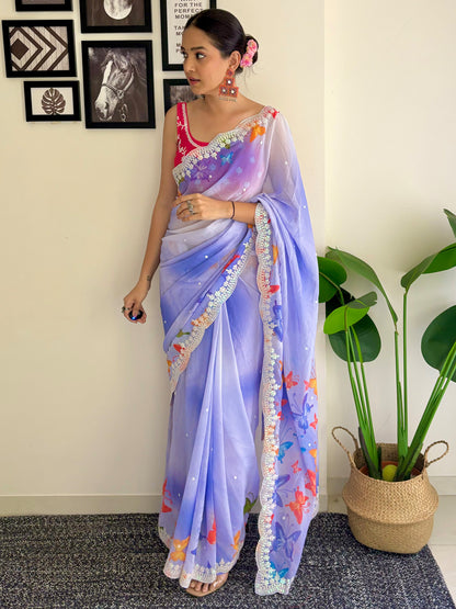 Women's Georgette Pink Embellished Designer Saree With Blouse Piece