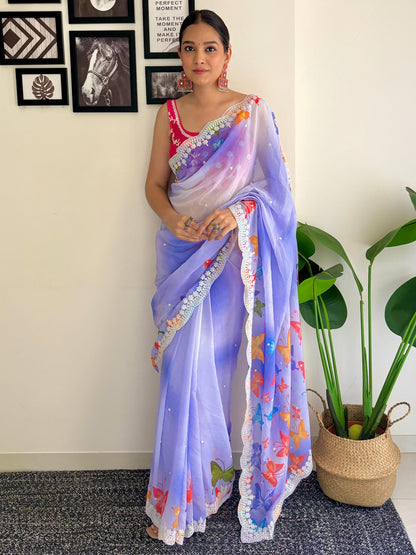 Women's Georgette Pink Embellished Designer Saree With Blouse Piece