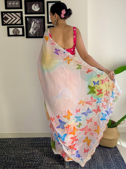 Women's Georgette Pink Embellished Designer Saree With Blouse Piece