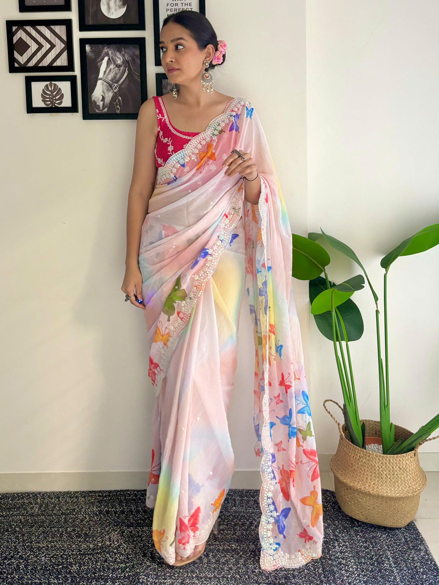 Women's Georgette Pink Embellished Designer Saree With Blouse Piece