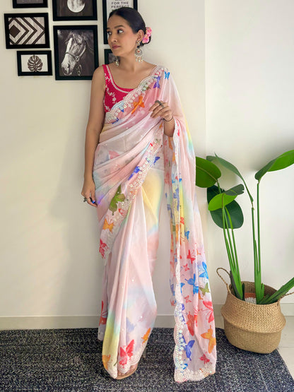 Women's Georgette Pink Embellished Designer Saree With Blouse Piece