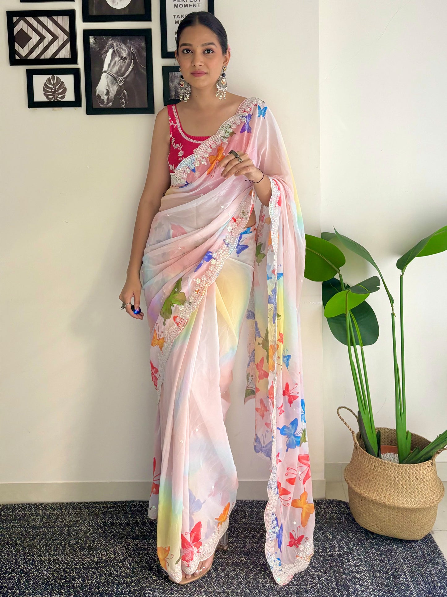 Women's Georgette Pink Embellished Designer Saree With Blouse Piece