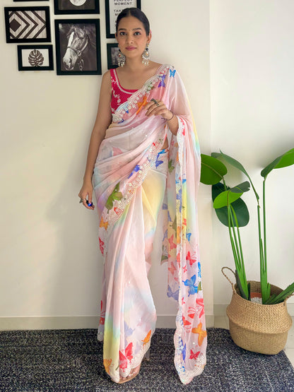 Women's Georgette Pink Embellished Designer Saree With Blouse Piece