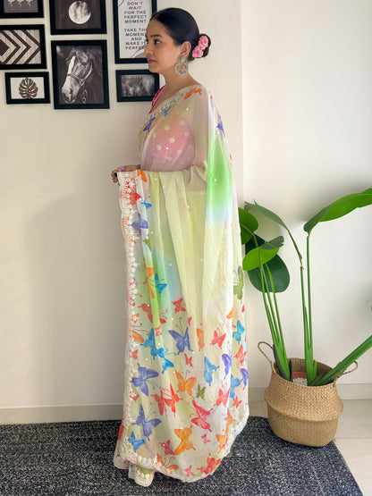 Women's Georgette Pink Embellished Designer Saree With Blouse Piece