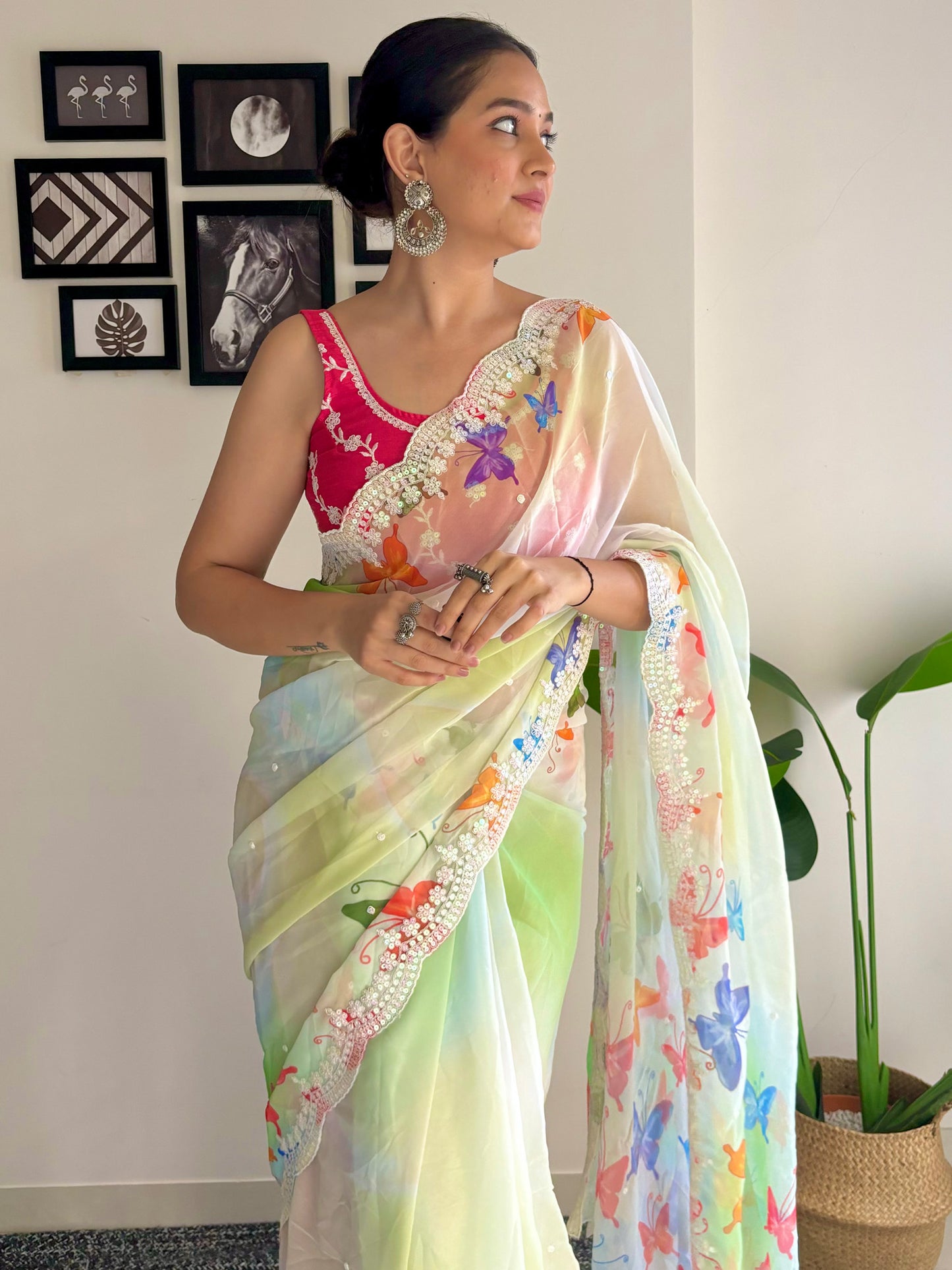 Women's Georgette Pink Embellished Designer Saree With Blouse Piece