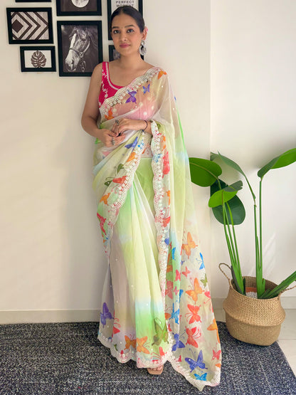 Women's Georgette Pink Embellished Designer Saree With Blouse Piece