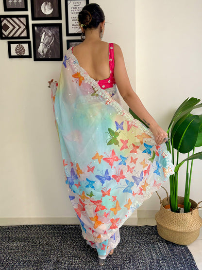 Women's Georgette Pink Embellished Designer Saree With Blouse Piece