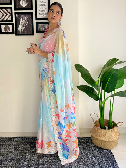 Women's Georgette Pink Embellished Designer Saree With Blouse Piece