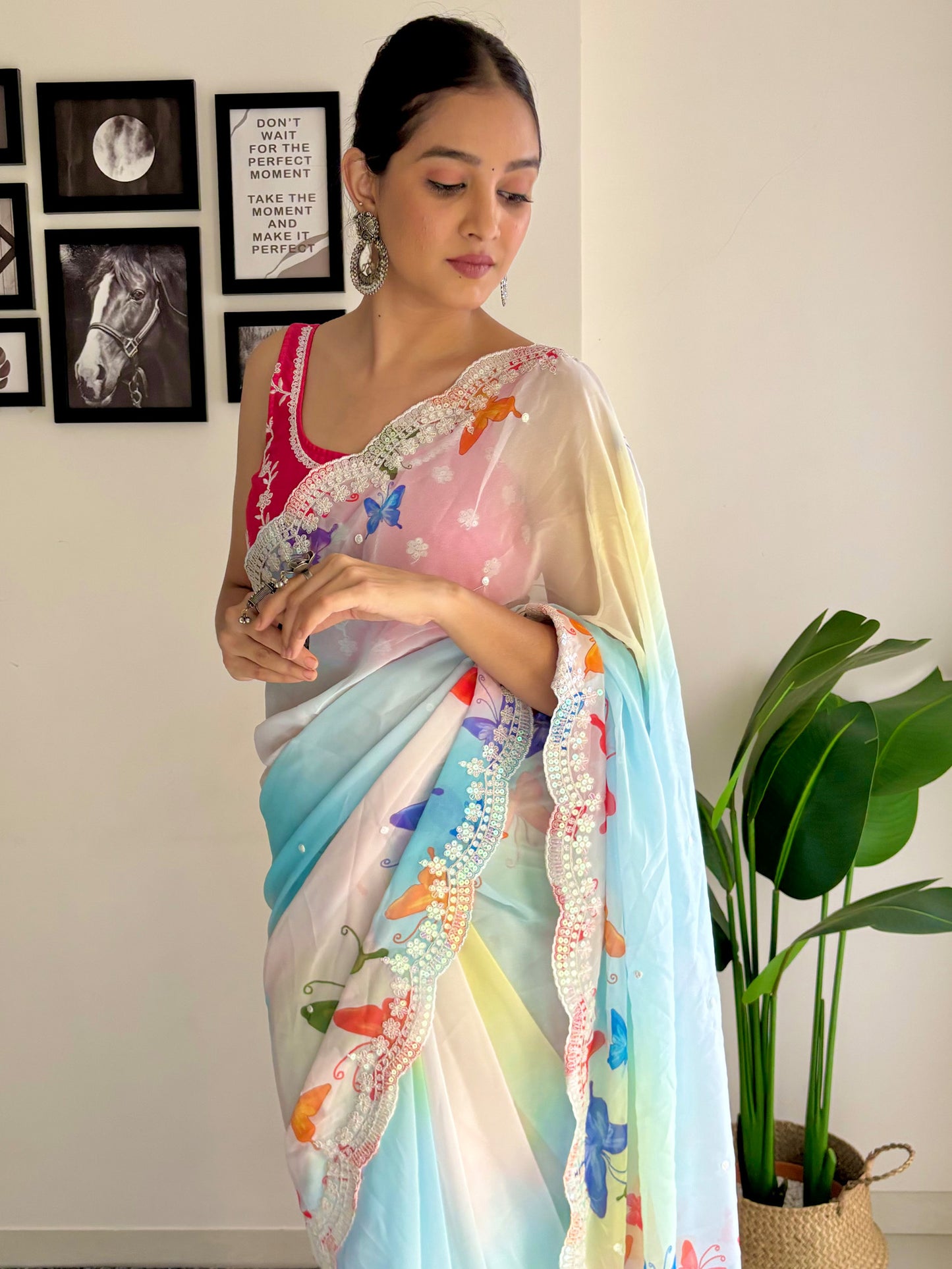 Women's Georgette Pink Embellished Designer Saree With Blouse Piece