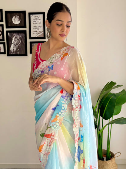 Women's Georgette Pink Embellished Designer Saree With Blouse Piece