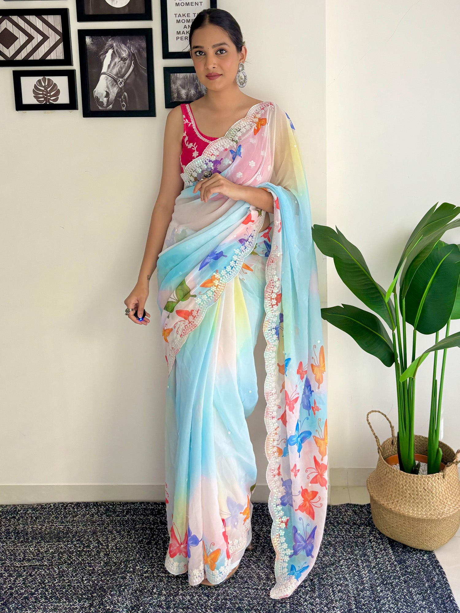 Women's Georgette Pink Embellished Designer Saree With Blouse Piece