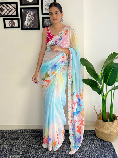 Women's Georgette Pink Embellished Designer Saree With Blouse Piece