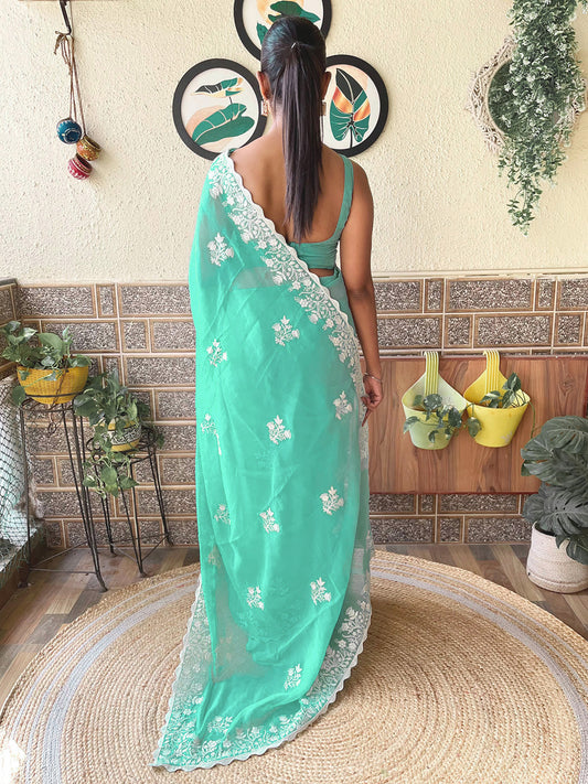 Women's Georgette Turquoise Embroidered Designer Saree With Blouse Piece