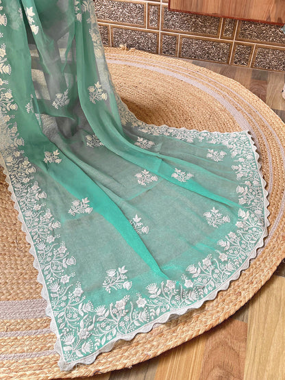 Women's Georgette Turquoise Embroidered Designer Saree With Blouse Piece