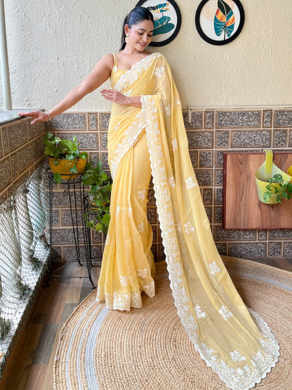 Women's Georgette Yellow Embroidered Designer Saree With Blouse Piece